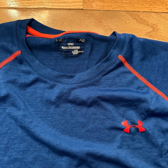 Under Armour Shirt Mens L Blue/ Orange Heatgear Loose Activewear - Picture 1 of 3